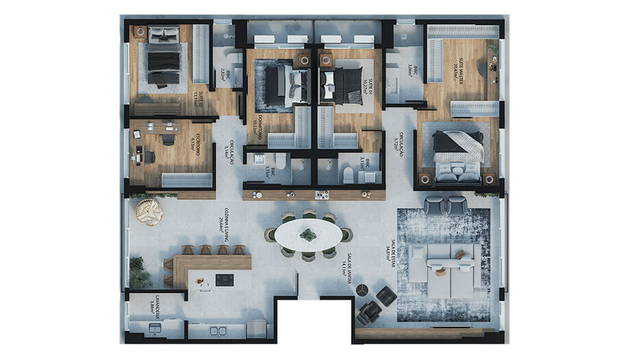 4 dormitórios (sendo 3 suítes + 1 dormitório) - 188m²