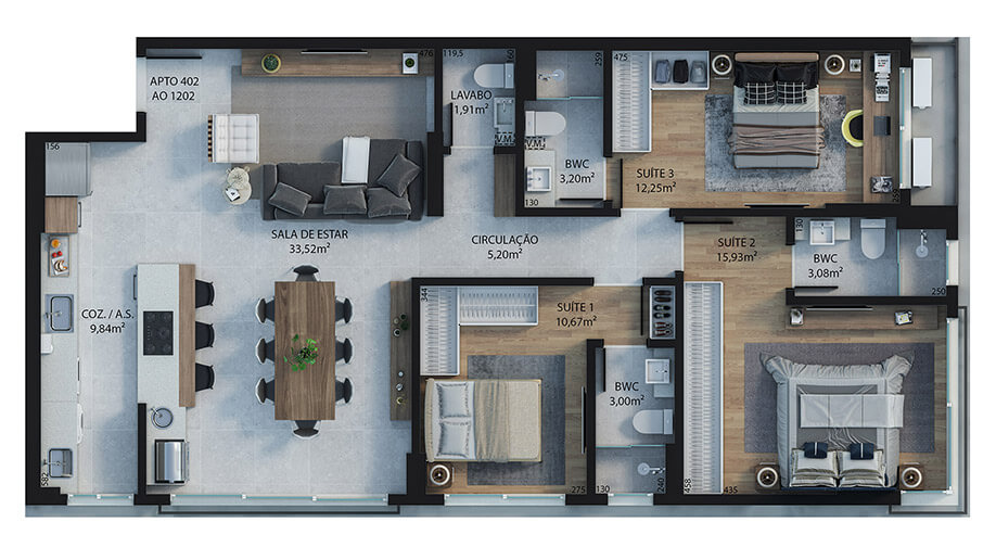 3 suítes - 112,70m²