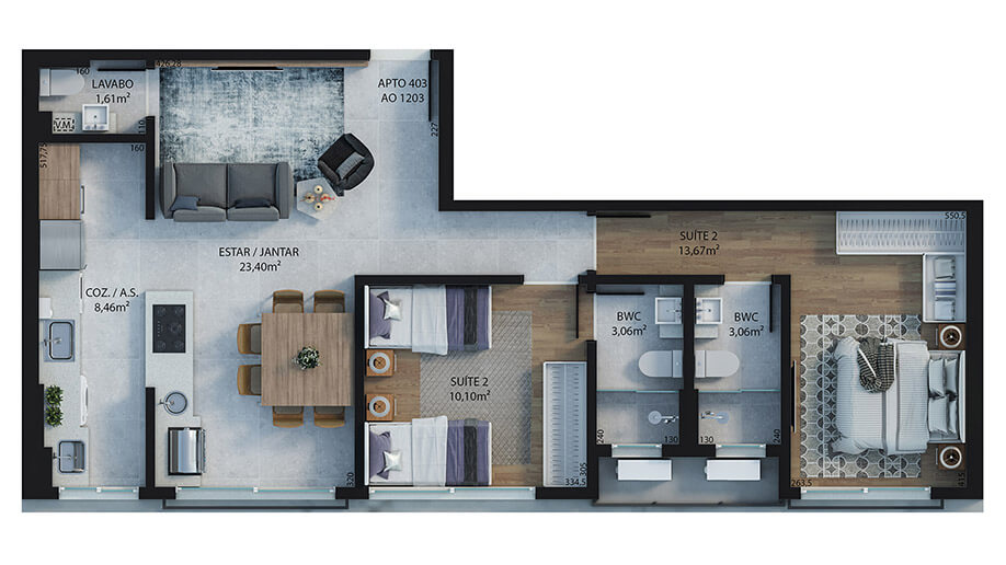 2 suítes - 76,75m²