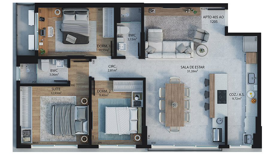 3 dormitórios (sendo 1 suíte) - 94,37m²