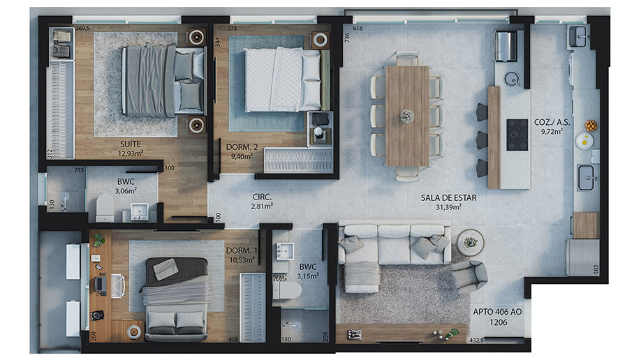 3 dormitórios (sendo 1 suíte) - 94,39m²